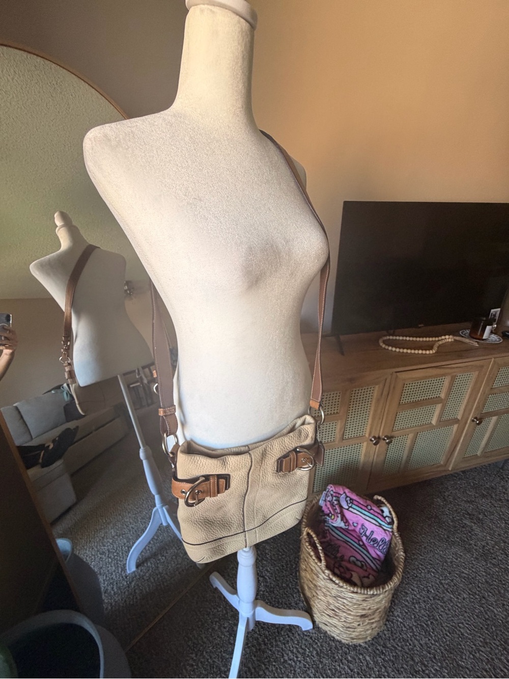 Coach Vintage Women's Beige Leather Crossbody Bag with Buckle Straps